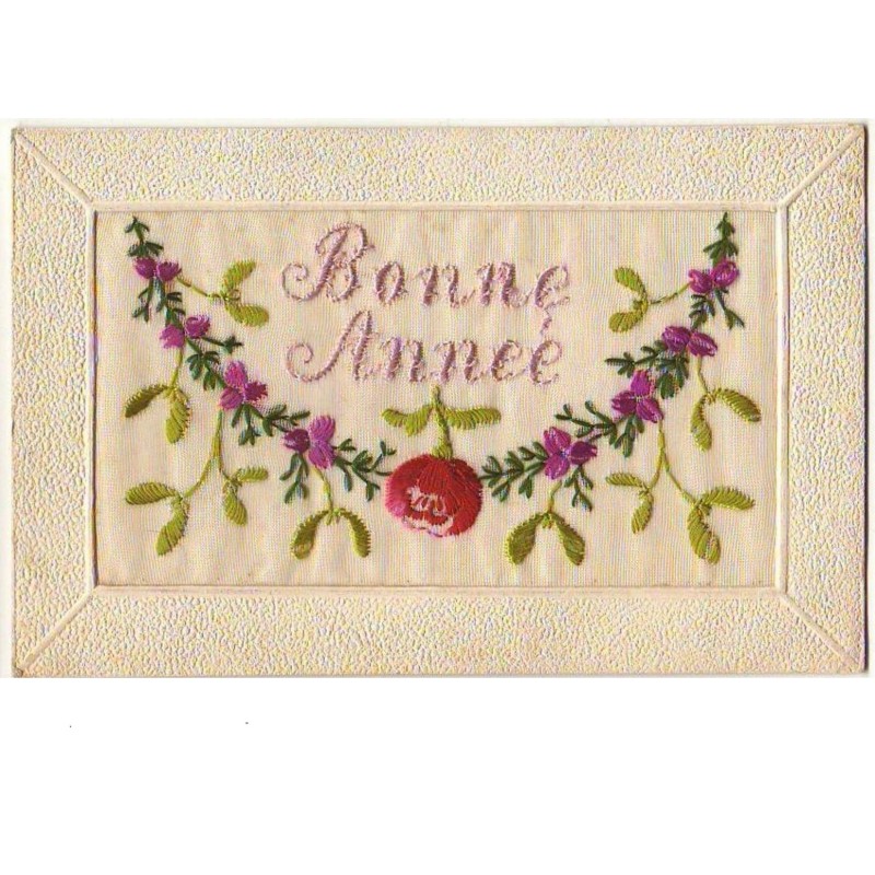 n°7359 - Carte Brodée - Bonne Année - Guirlande de fleurs
