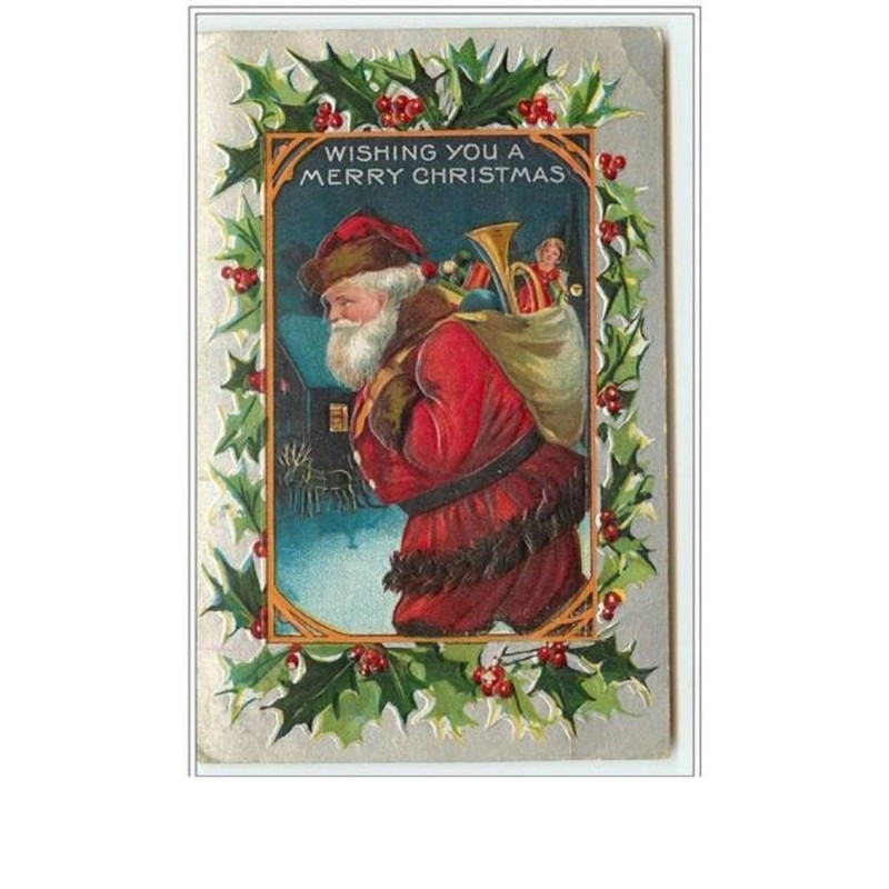 n°736 - Carte Gaufrée - Wishing you a Merry Christmas - Père Noël et jouets - fond argent