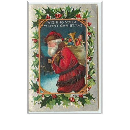 n°736 - Carte Gaufrée - Wishing you a Merry Christmas - Père Noël et jouets - fond argent