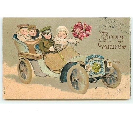 n°7372 - Carte Fantaisie Gaufrée - Bonne Année - Enfants dans une Automobile