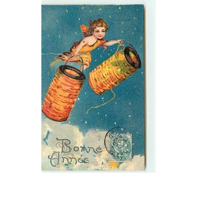 n°7374 - Carte Fantaisie Gaufrée - Bonne Année - Angelot avec des lampions