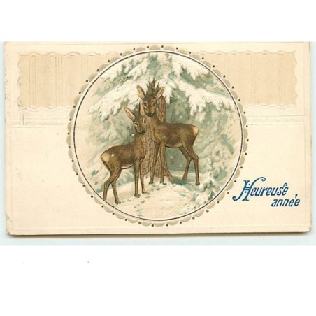 n°7378 - Carte Fantaisie Gaufrée - Heureuse Année - Biche, faon dans un médaillon