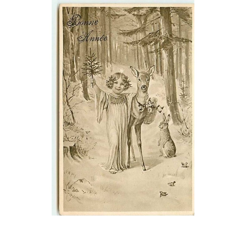 n°7381 - Carte Fantaisie - Bonne Année - Enfant avec une biche