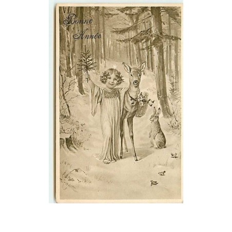 n°7381 - Carte Fantaisie - Bonne Année - Enfant avec une biche