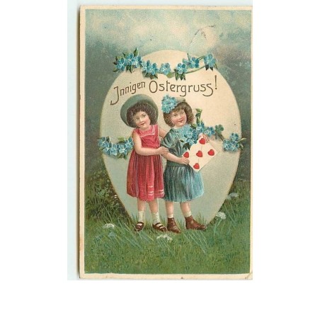 n°7389 - Carte Fantaisie Gaufrée - Innigen Ostergruss - Fillettes devant un oeuf