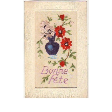 n°7408 - Carte Brodée - Bonne Fête - Vase avec des fleurs roses et rouges