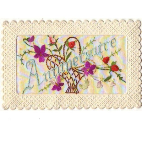 n°7410 - Carte Brodée - Anniversaire - Panier de fleurs