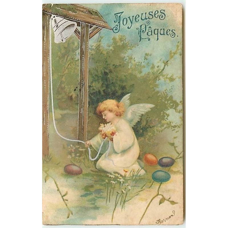 n°12363 - Joyeuses Pâques - Ange sonnant une cloche, à côté de lui des oeufs - Clapsaddle