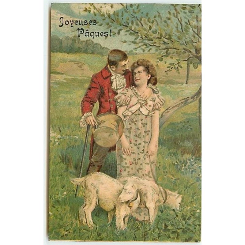 n°12365 - Joyeuses Pâques - Couple près de moutons