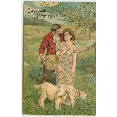 n°12365 - Joyeuses Pâques - Couple près de moutons