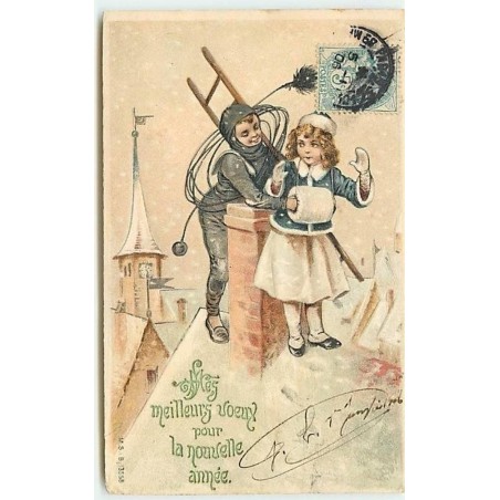 n°10218 - Carte Gaufrée - Mes Meilleurs Voeux pour la nouvelle Année - Ramoneur tenant par la taille une jeune fille