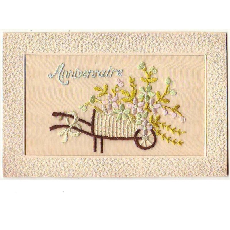 n°7456 - Carte Brodée - Anniversaire - Brouette fleurie