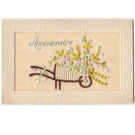 n°7456 - Carte Brodée - Anniversaire - Brouette fleurie