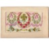 n°7458 - Carte Brodée avec rabat - Trèfle, fleurs roses et bleues