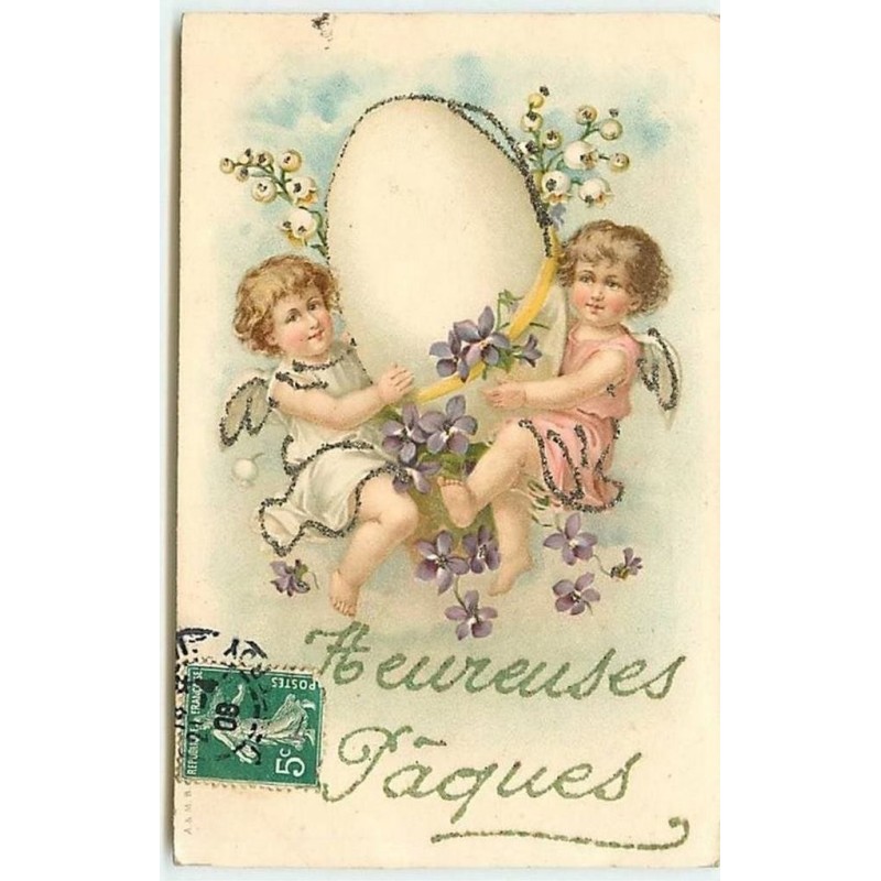 n°12370 - Carte à Paillettes - Heureuses Pâques - Anges portant un oeuf