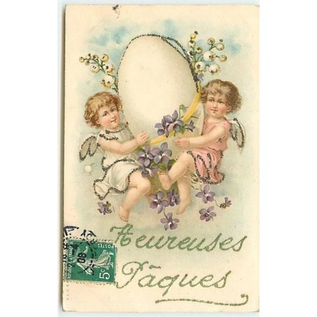 n°12370 - Carte à Paillettes - Heureuses Pâques - Anges portant un oeuf