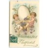 n°12370 - Carte à Paillettes - Heureuses Pâques - Anges portant un oeuf