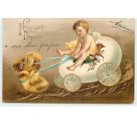 n°7480 - Carte Gaufrée - Heureuses Pâques - Angelot , attelage de poussins