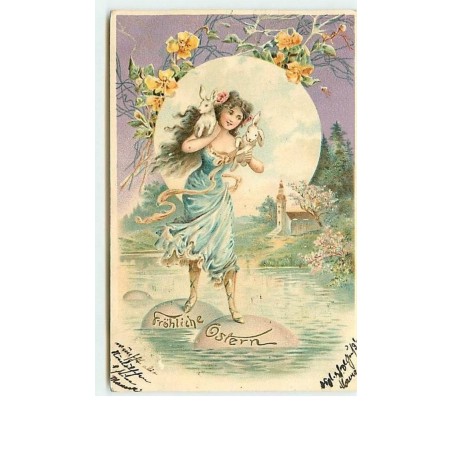 n°7482 - Carte Gaufrée - Fröhliche Ostern - Femme marchant sur des oeufs