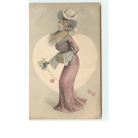 n°7496 - Femme habillée de rose avec un chapeau