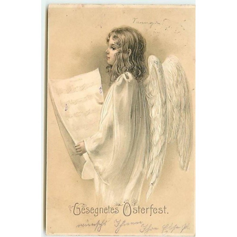 n°12373 - Carte Gaufrée - Gesegnete Osterfest - Ange chantant
