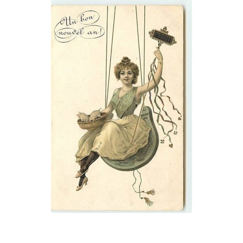 n°7530 - Carte Fantaisie - Un bon nouvel an - Femme assise dans un fer à cheval - cochon