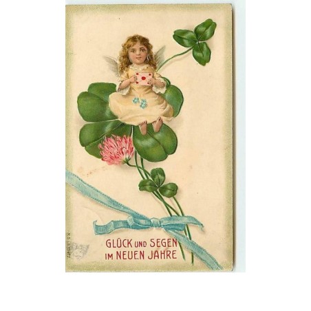 n°7540 - Carte Fantaisie Gaufrée - Angelot assis sur un trèfle à quatre feuilles