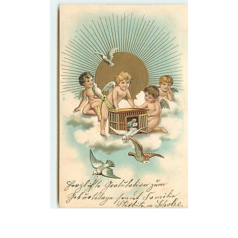 n°7548 - Carte Fantaisie Gaufrée - Angelots libérant des colombes