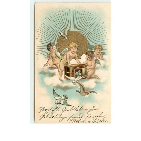 n°7548 - Carte Fantaisie Gaufrée - Angelots libérant des colombes