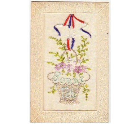 n°7557 - Carte Brodée - Bonne Fête - Corbeille de fleurs tenu par un cordon bleu blanc rouge.