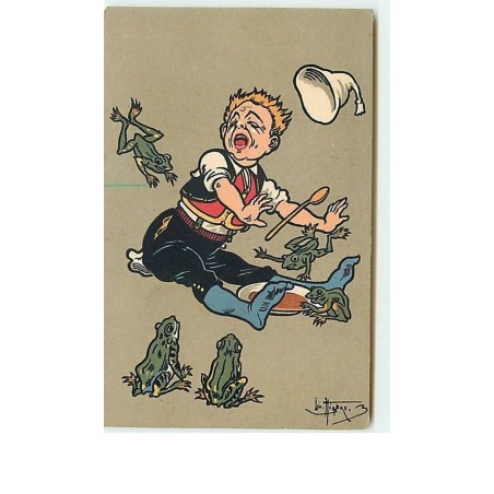 n°7567 - Carte Illustrateur - Léo Hingre - Jeune homme attaqué par des grenouilles