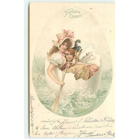 n°12375 - Fröhliche Ostern - Jeune femme voguant dans un oeuf