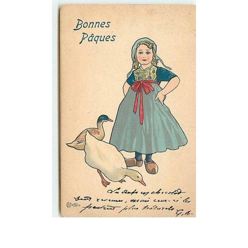 n°7577 - Carte Fantaisie - Bottaro - Bonnes Pâques - Jeune hollandaise avec une oie et un canard
