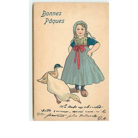 n°7577 - Carte Fantaisie - Bottaro - Bonnes Pâques - Jeune hollandaise avec une oie et un canard