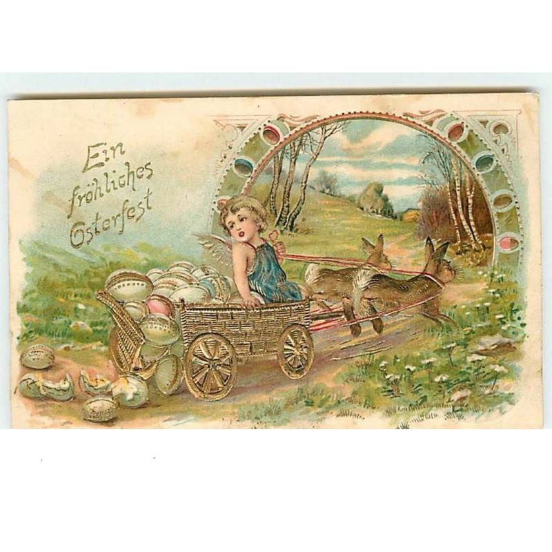 n°7579 - Carte Fantaisie Gaufrée - Ein Fröhliches Osterfest - Angelot sur un attelage de lapins