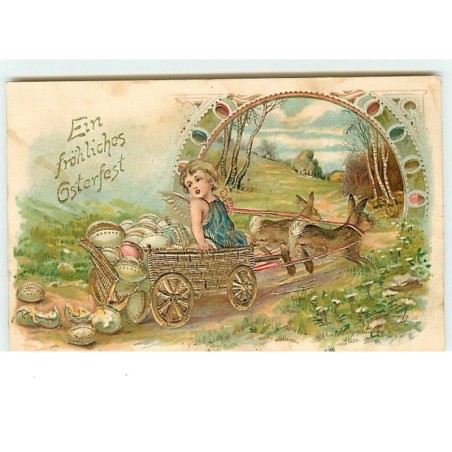 n°7579 - Carte Fantaisie Gaufrée - Ein Fröhliches Osterfest - Angelot sur un attelage de lapins
