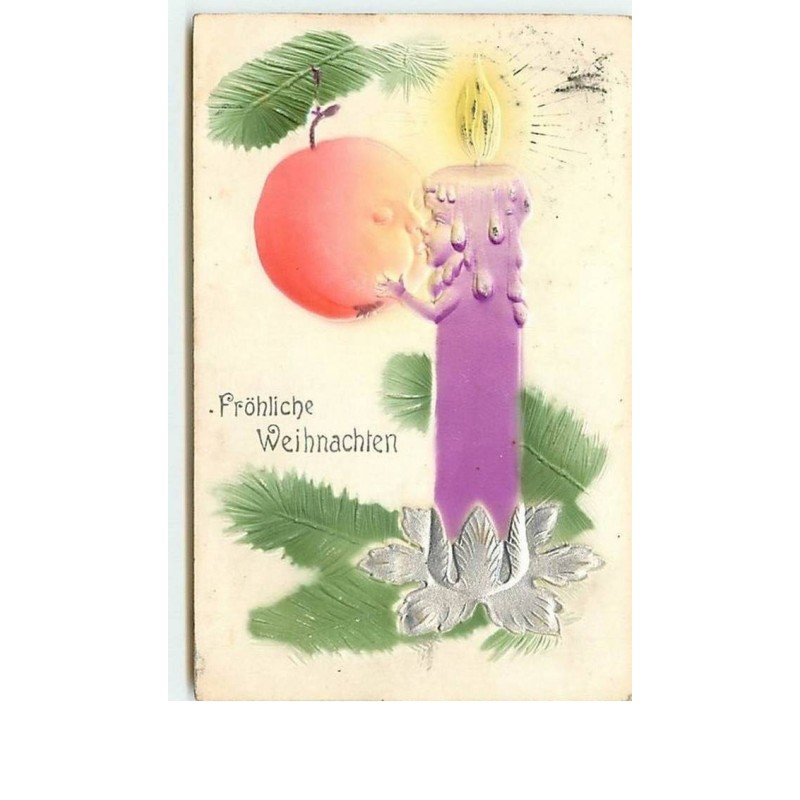 n°7592 - Carte Fantaisie Gaufrée - Fröhliche Weihnachten - Surréalisme - Bougie humanisée