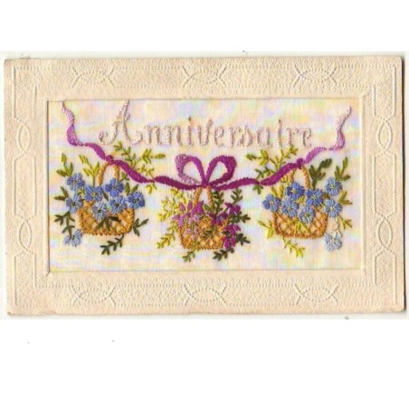 n°7610 - Carte Brodée - Anniversaire - Paniers de fleurs suspendus