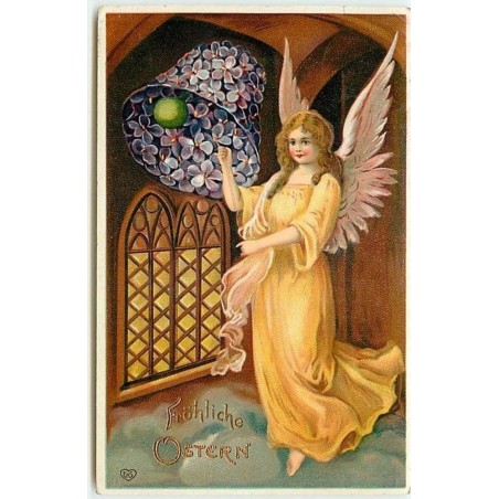 n°12377 - Fröhliche Ostern - Ange sonnant une cloche faite en lilas