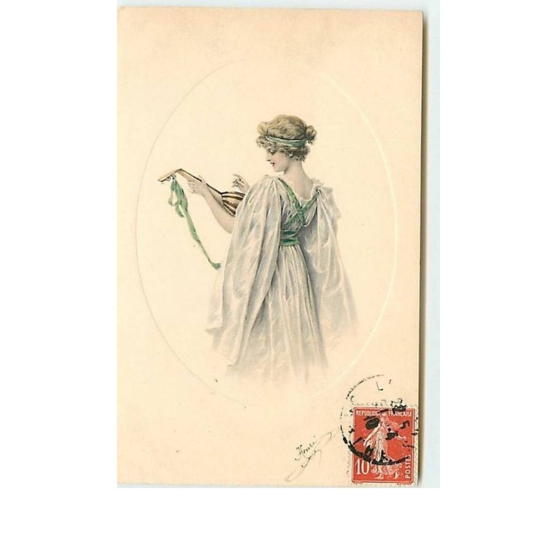 n°7629 - Carte Fantaisie - MM Vienne n°438 - Femme jouant de la mandoline dans un médaillon