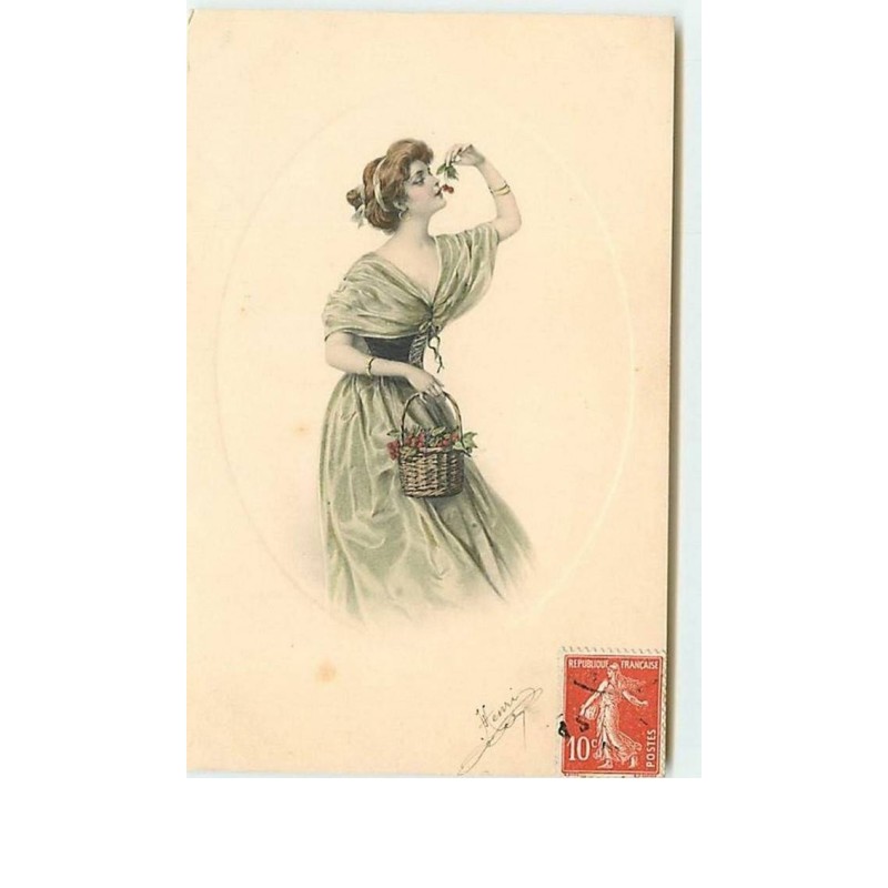 n°7631 - Carte Fantaisie - MM Vienne n°438 - Femme mangeant des cerises dans un médaillon