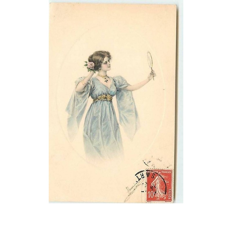 n°7632 - Carte Fantaisie - MM Vienne n°438 - Femme se coiffant dans un médaillon