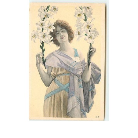 n°7633 - Carte Fantaisie - Femme avec des Lys