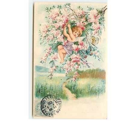 n°7648 - Carte Fantaisie Gaufrée - Angelot sur une branche d'arbre fleurie