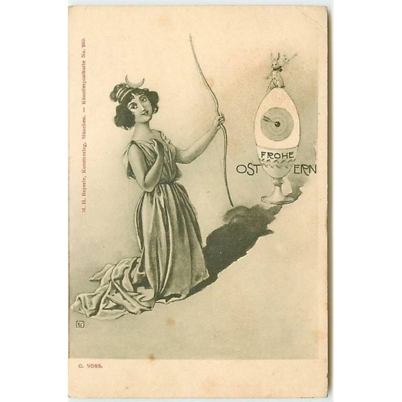 n°12378 - Fröhe Ostern - Jeune femme tirant un flèche vers un oeuf