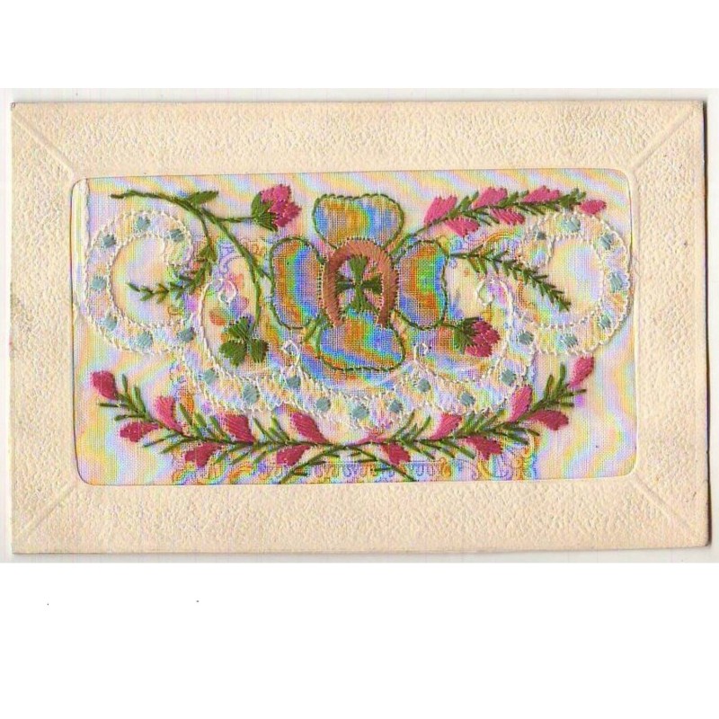 n°7657 - Carte Brodée avec rabat -Trèfle à 4 Feuilles et Fer à Cheval