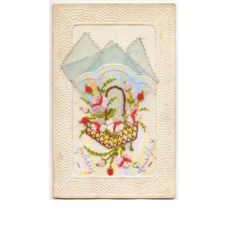 n°7661 - Carte Brodée avec Pochette Bleue - Panier Fleuri