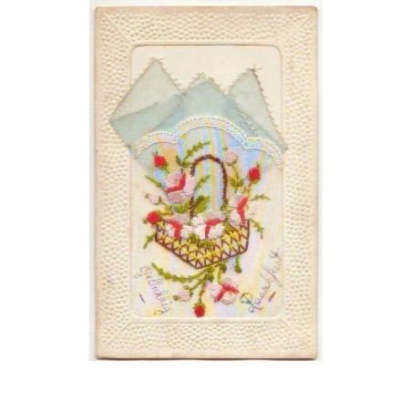 n°7661 - Carte Brodée avec Pochette Bleue - Panier Fleuri