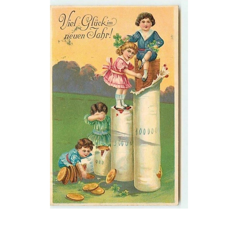 n°7680 - Carte Fantaisie Gaufrée - Viel Glück im neuen Jahr - Enfants sur des piles de Pièces d'Or