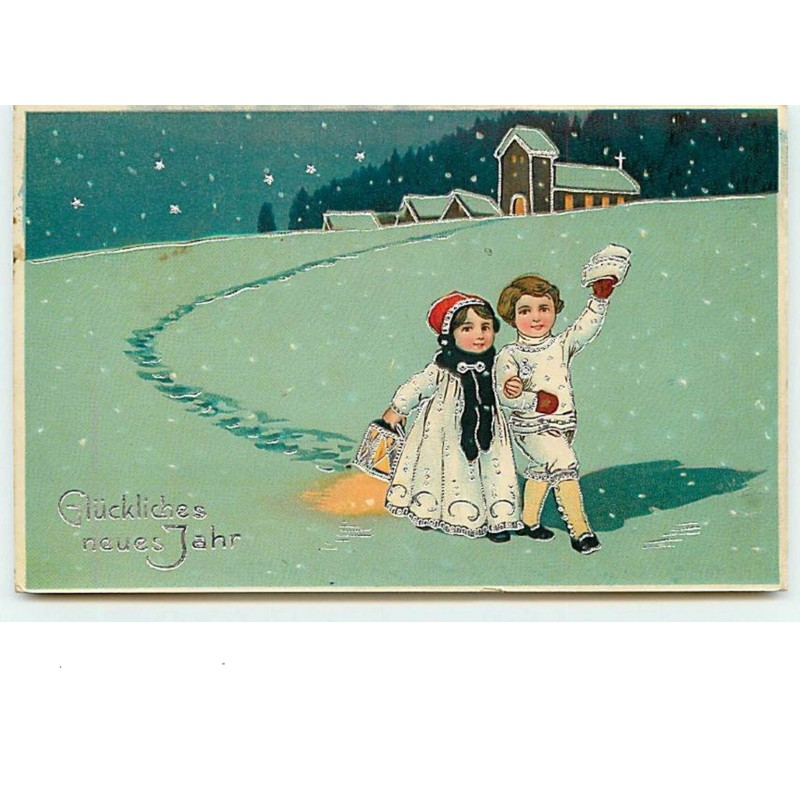n°7687 - Carte Fantaisie - Glückliches neues Jahr - Enfants dans un Paysage Hivernal